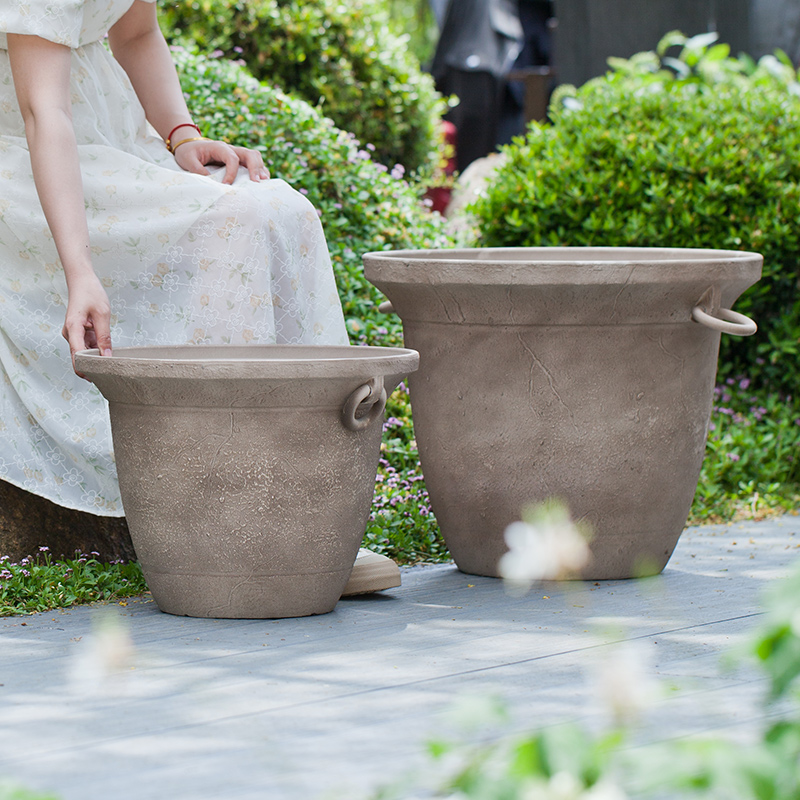 16 Inch EB Stone Look Wabi-Sabi Wide Opening Plant Pot for Balcony