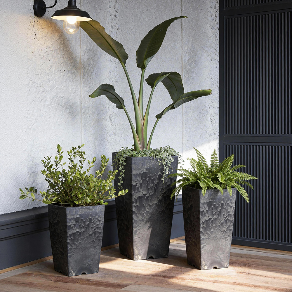 8 Inch EB Square Tall Stone Look Modern Planter Pot for Hotel Lobby